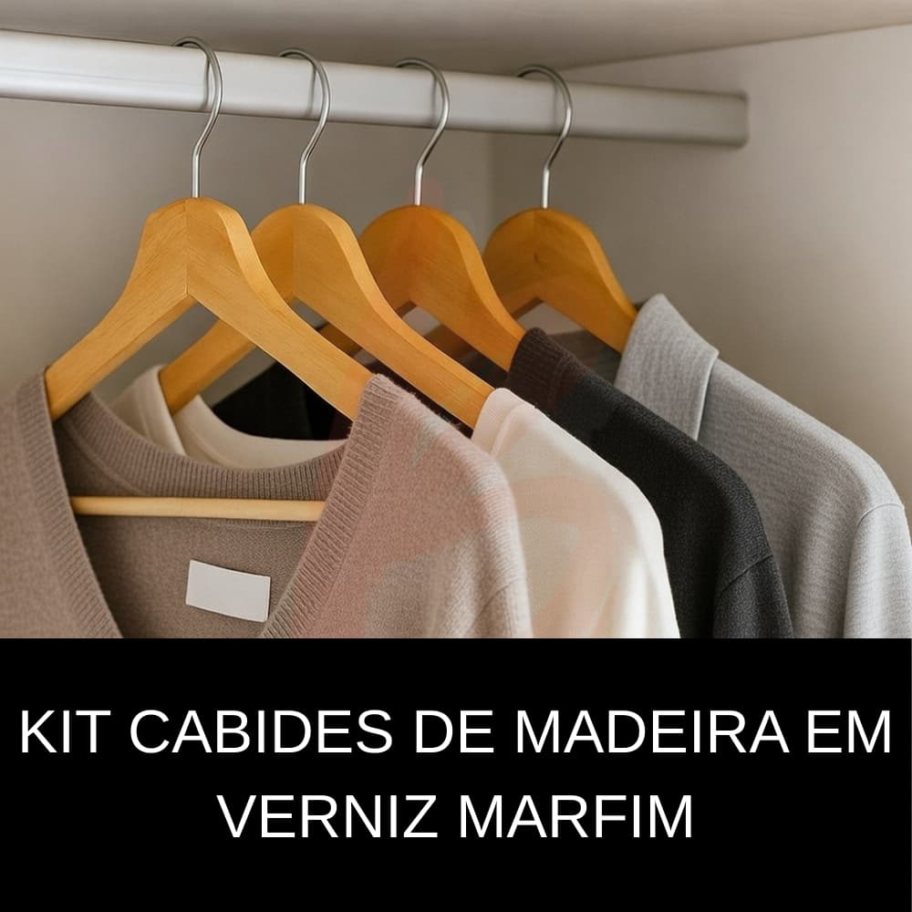 Jogo 3 Unidades Cabide De Madeira Roupas Adulto Prateleira Marfim Metal Kit Gancho Loja