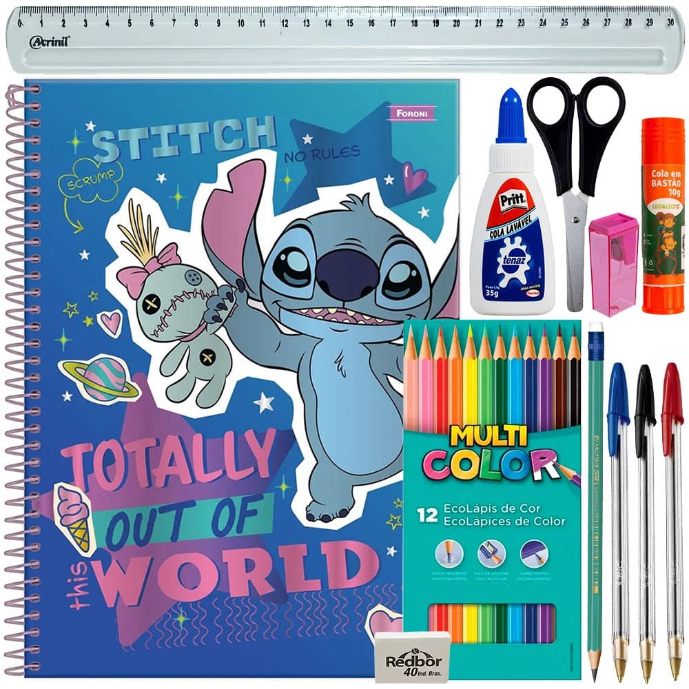 Kit Escolar STITCH Lápis de cor 12 Cores Grafite Borracha Cola Tenaz Bastão 3 Canetas Bics Tesoura Apontador Borracha