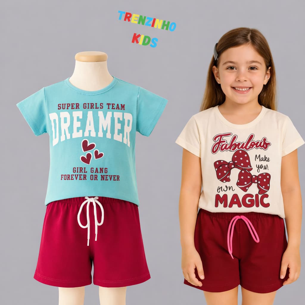 Conjunto Infantil Feminino Camiseta + Bermuda Estampado Conforto Verão tam 1 ao 14 - Sortidas