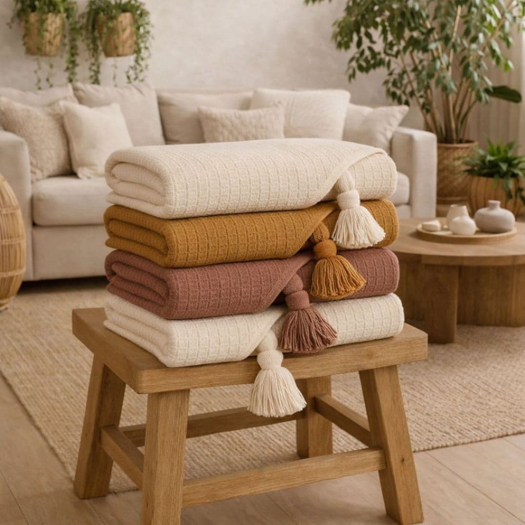 Manta para Sofá em Algodão com Pompom Decorativo – Elegante para Sala, Toque Macio e Confortável – 1,40m x 1,40m