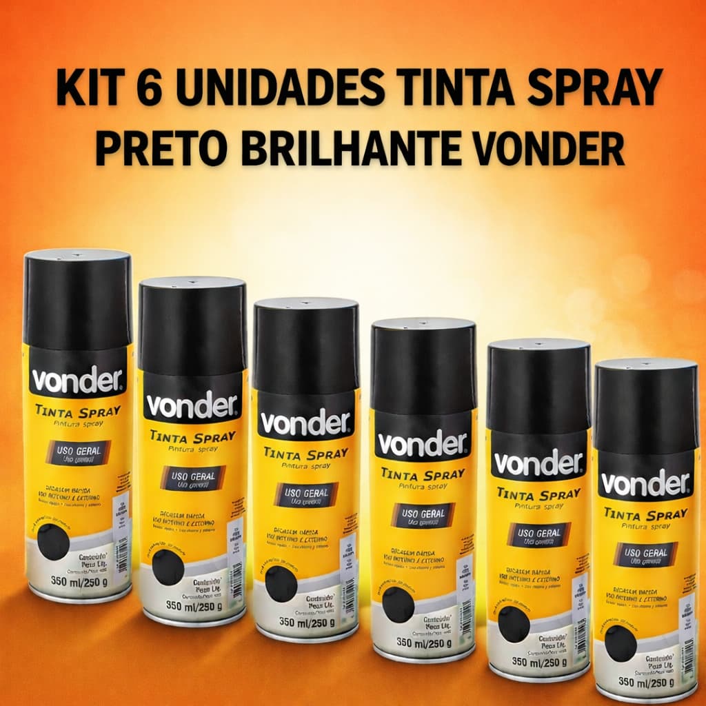 Kit 6 Tintas Spray PRETO BRILHANTE Uso Geral 350ML Secagem Rápida Artesanato VONDER