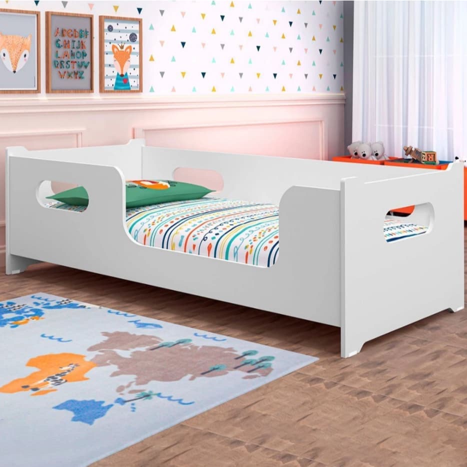 Cama Infantil Montessoriana Moderna Com Grade De Preteção Encanto Quarto Da Criança Cor Branco