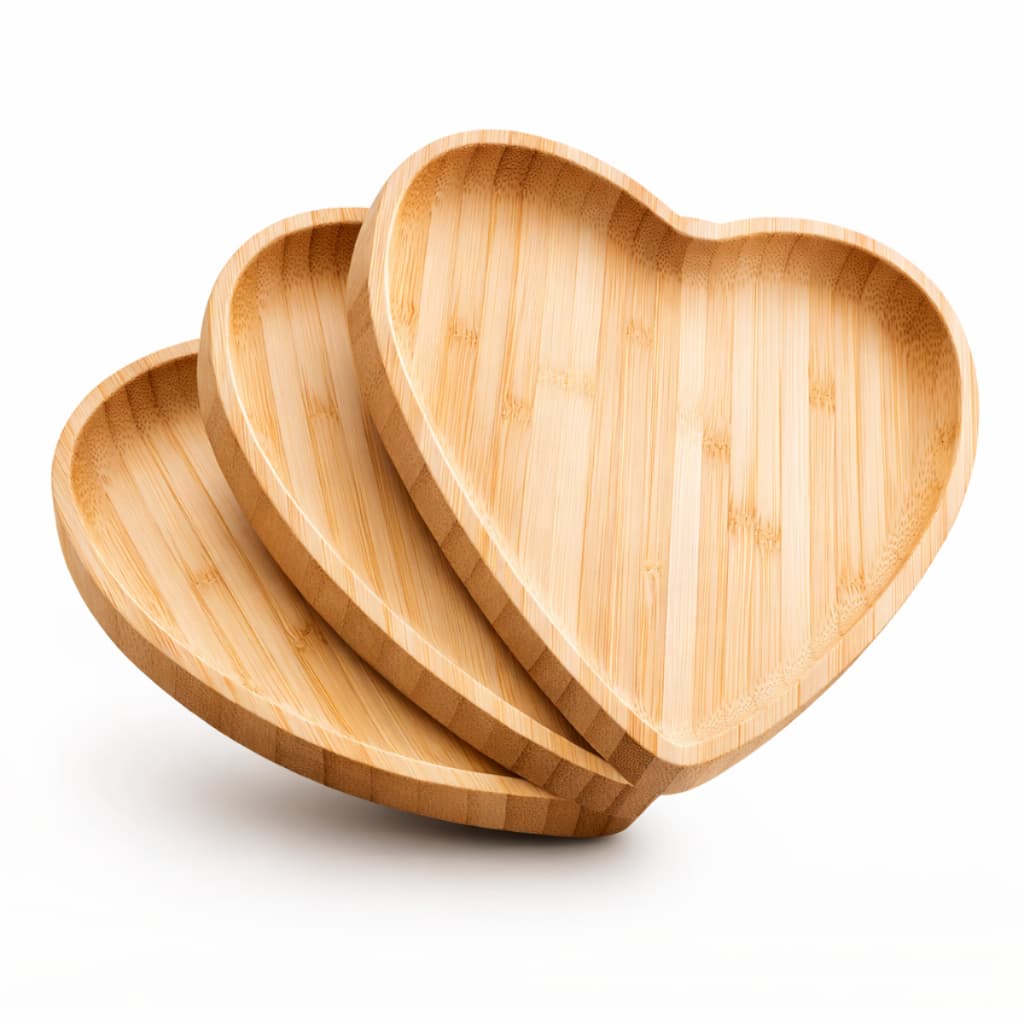 Kit 3 Bandeja Formato De Coração De Bambu Heart Petisqueira Kit 3 Bandejas Coração Bambu 17cm Petisqueira Decorativa