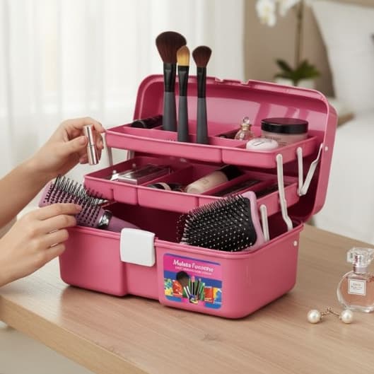 Maleta Feminina Caixa Organizadora Multiuso Maquiagem Esmaltes Manicure Com Bandejas Rosa Arqplast