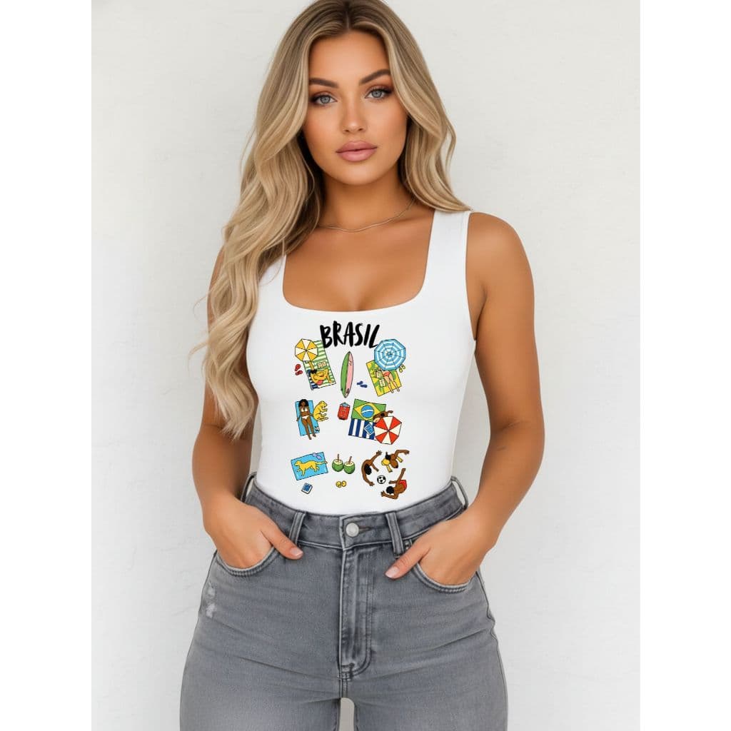 Blusa Body Bori Macacão Brasil Blusinha do Brazil BraziCore Estampada Bory Decote Quadrado Regata Estampa Farm