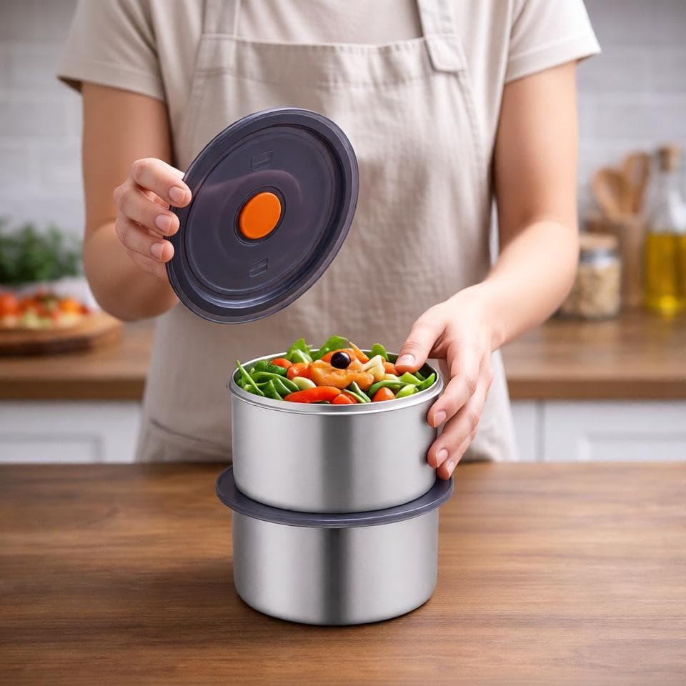 Conjunto com 4 potes herméticos redondos em aço inox 450 ml cada — vedação segura, design empilhável e acabamento premiu