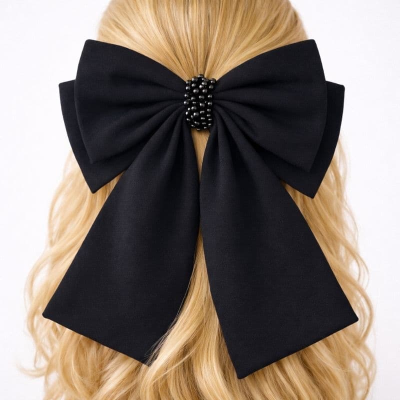 Laço de Cabelo Grande Preto com Pérolas em Seda | Presilha Bico de Pato | Laço Feminino Festa Infantil e Adulto
