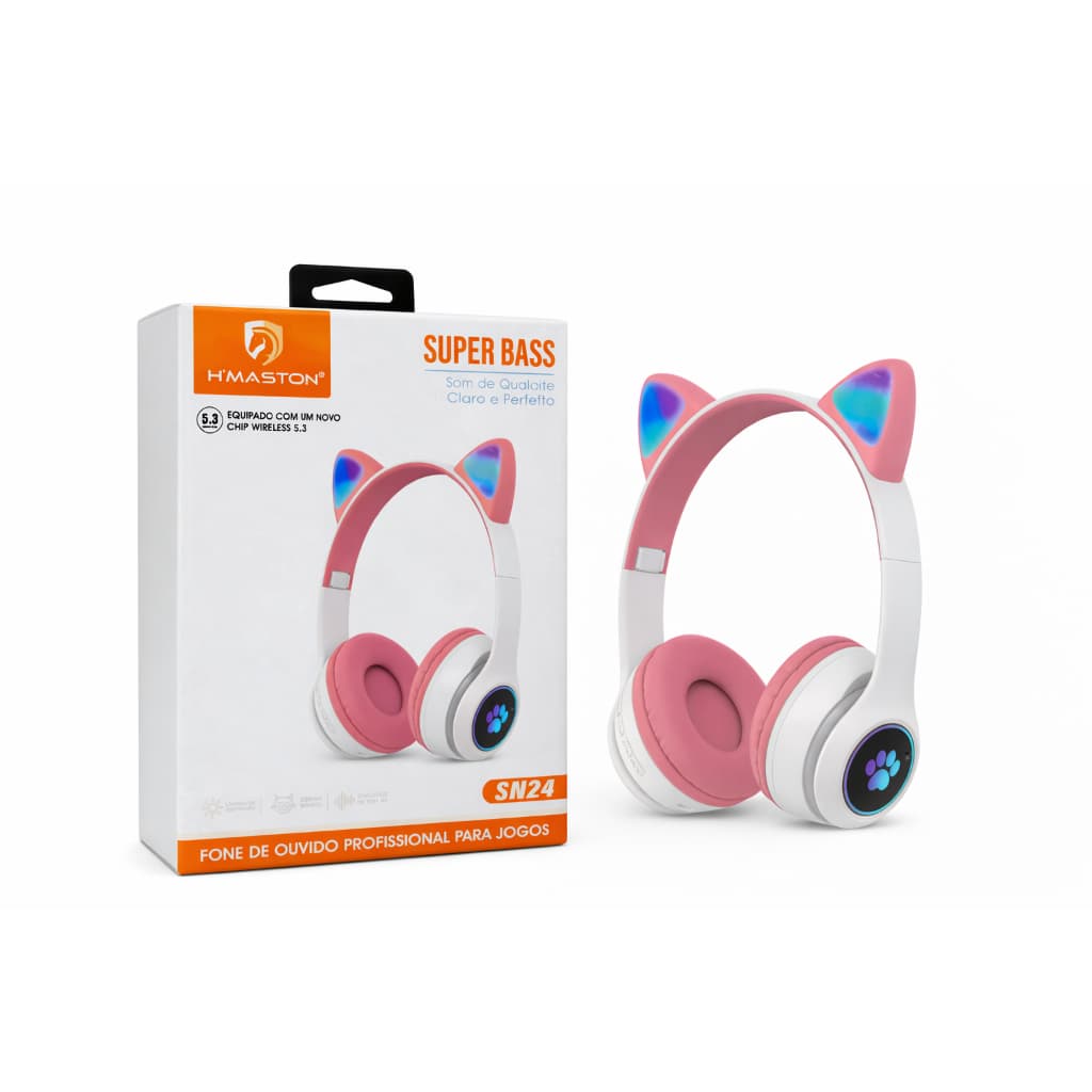Fone de Ouvido Bluetooth Infantil Gatinho Rosa LED Wireless 5.3 Super Bass Headphone Sem Fio SN24
