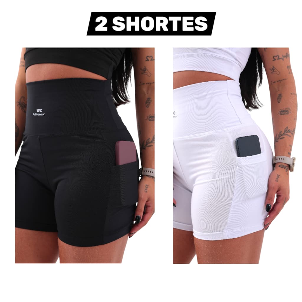 Kit 2 Shortes Feminino Com Bolso Zero Transparência Cintura Alta Suplex Academia Corrida Esportes