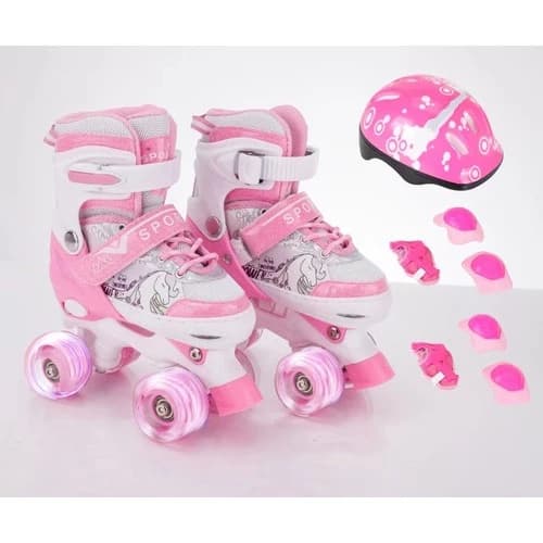 Patins Quad Unicórnio premium Tam./ajustável + Kit Proteção Rosa