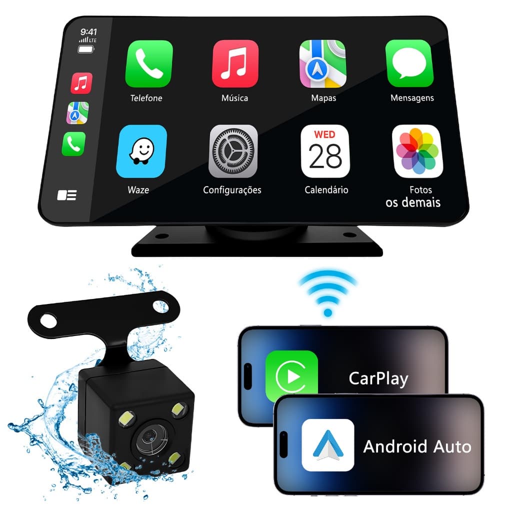 Multimídia Automotiva com Câmera de Ré Tela 7" IPS Carplay Sem Fio Bluetooth Transmissor FM