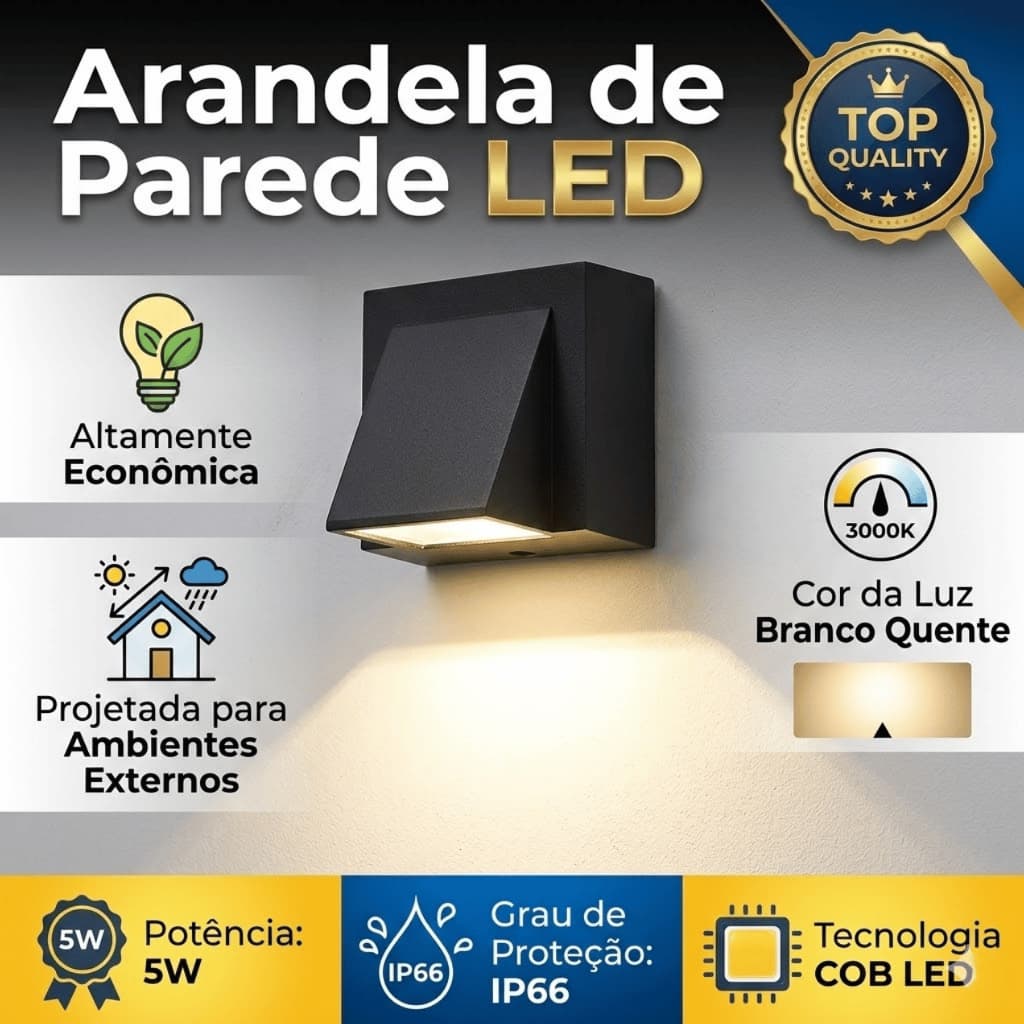 Arandela Luz De Parede IP66 Branco Quente Alumínio Preta XLX LED ambientes internos e externos