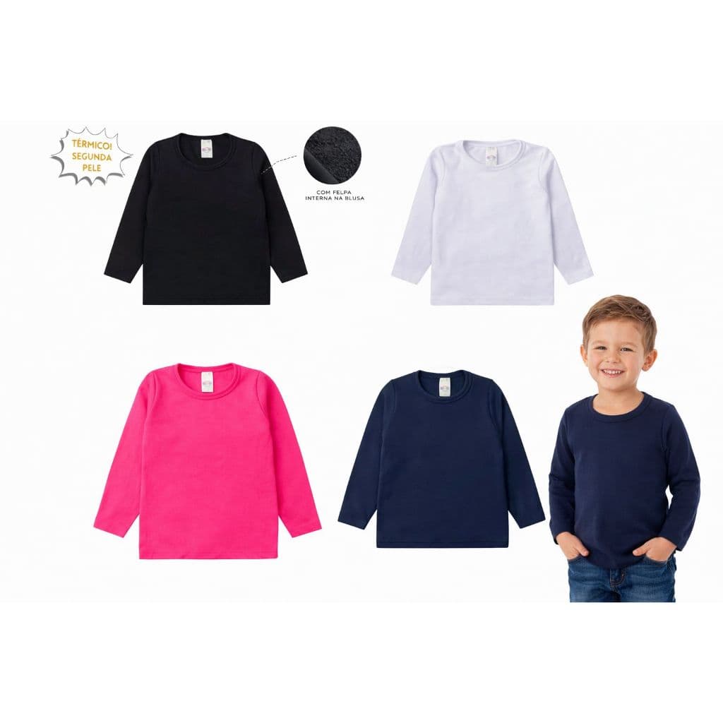 Kit 1, 3 ou 5 Blusas Manga Longa Infantil  Unisexx Algodão Lisa de Inverno