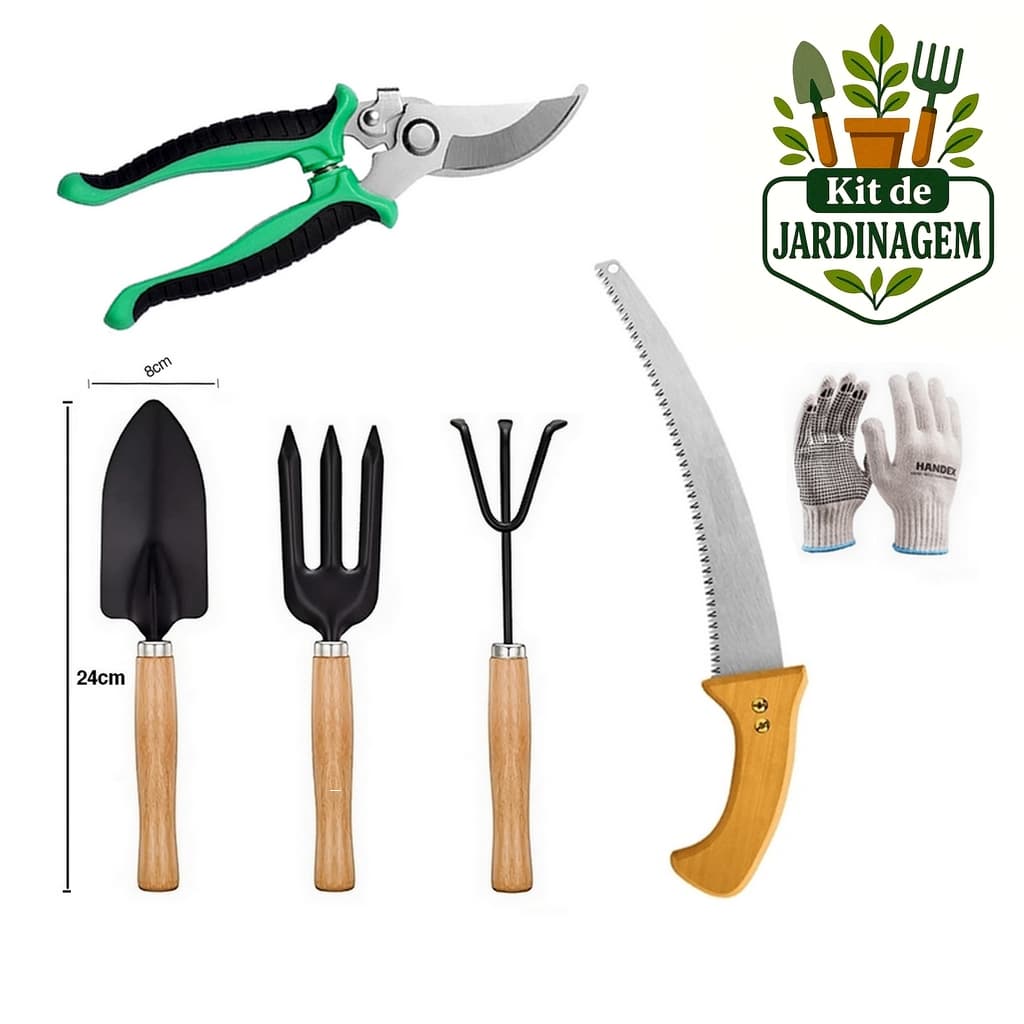 Kit 6 Peças Ferramentas Jardinagem Poda Jardim Serrote Pá Pazinha Jardineiro tesoura alicate