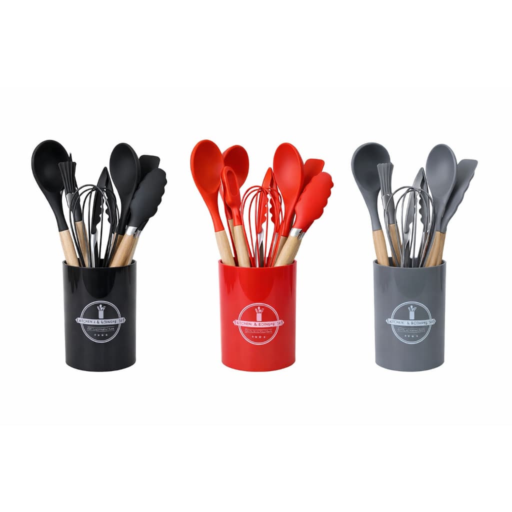 Jogo Utensílios Cozinha Silicone 7 Peças Cabo Madeira Espátula Colher Antiaderente