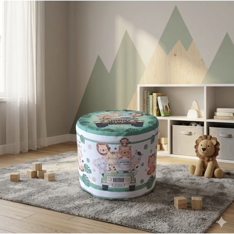 LANÇAMENTO !!! PUFF BANQUINHO BANQUETA DECORATIVO REDONDO INFANTIL TEMA SAFARI TECIDO QUARTO BEBE