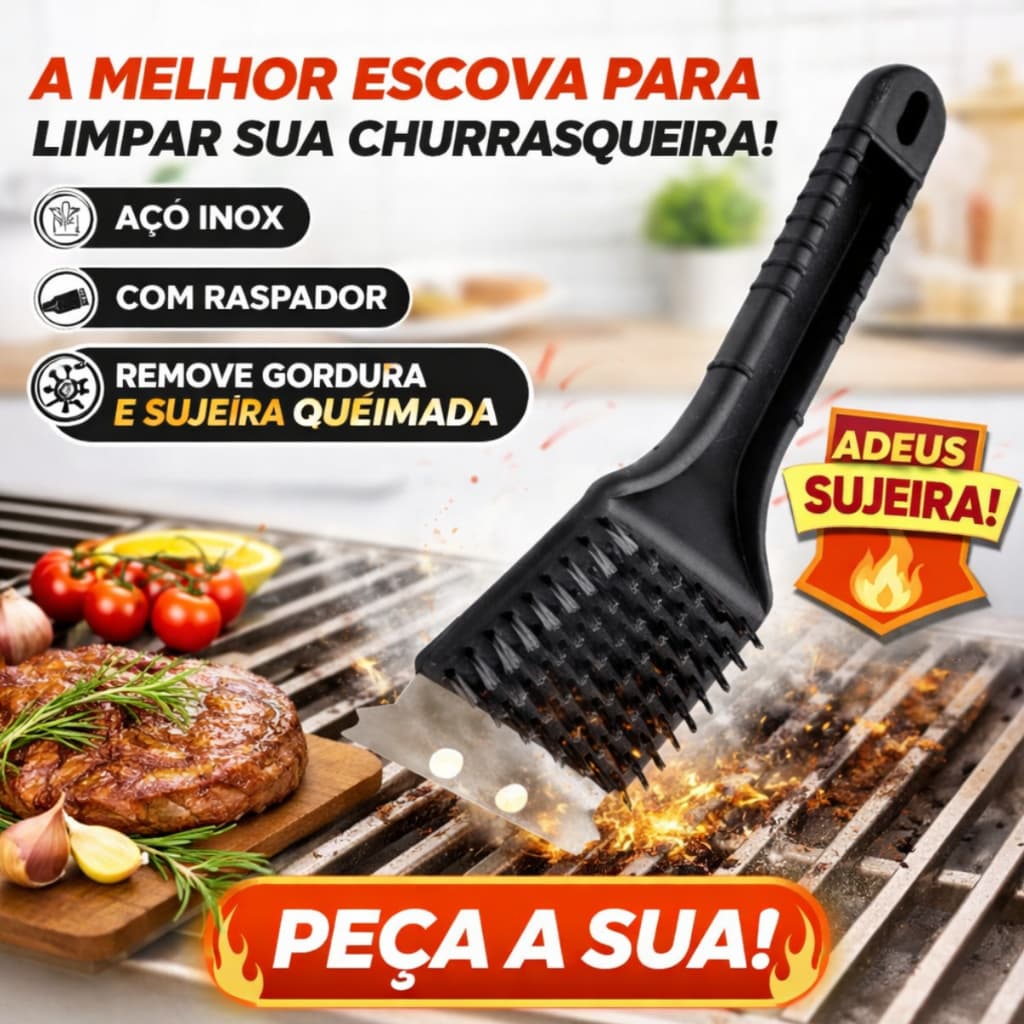 Escova Limpa Grelha Churrasqueira com Raspador Aço Inox Limpeza Pesada Grill
