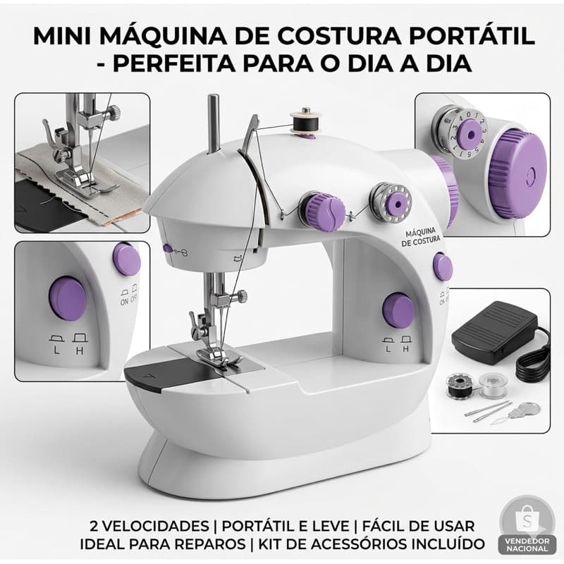 Mini Máquina de Costura Elétrica Portátil SM-202A Bivolt - Branco