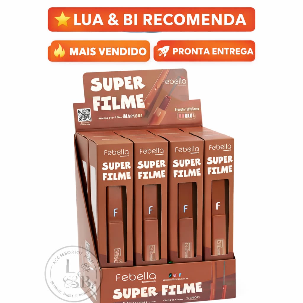 Máscara de Cílios Febella Super Filme Marrom Alongadora Volume Definição Maquiagem