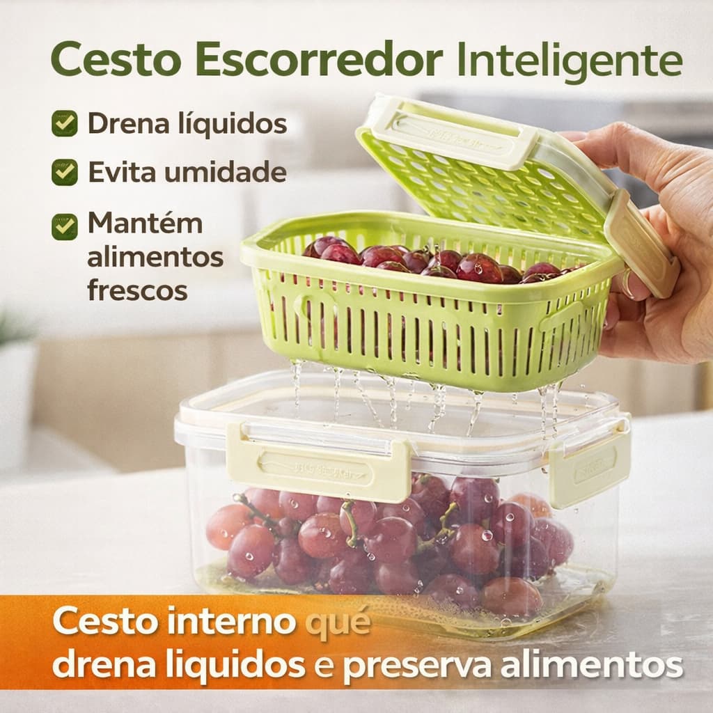 Kit 5 Potes Organizadores de Geladeira com Cesto Interno Escorredor e Tampa Vedada