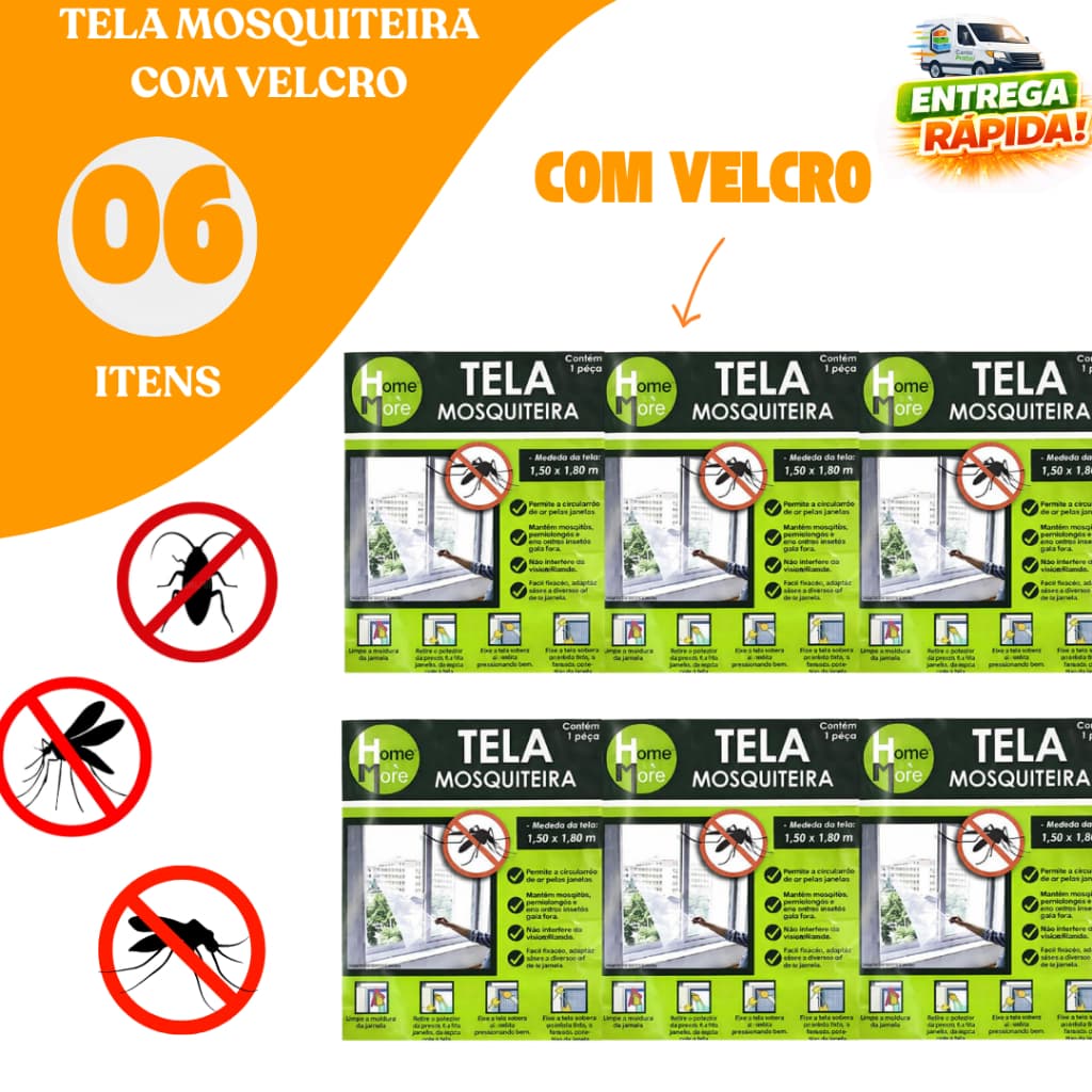 Kit 06/12 Tela Mosquiteira Janela Contra Inseto 1,50x1,80 Velcro Adesivo Anti Mosquito Barata