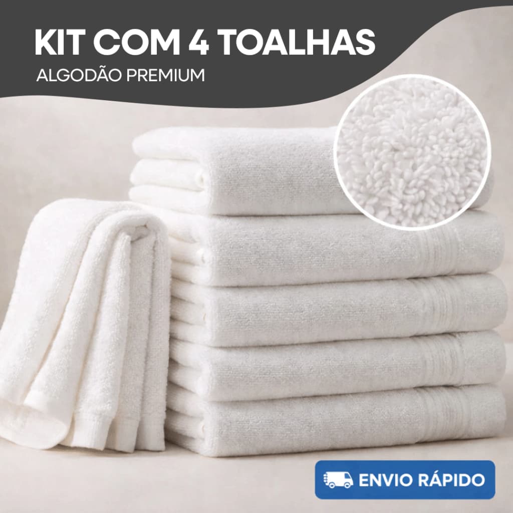Kit 4 Toalhas de Banho Hotel Luxo Branca Grossa Felpuda Alta Absorção Envio Rápido 100% Algodão Costura Reforçada