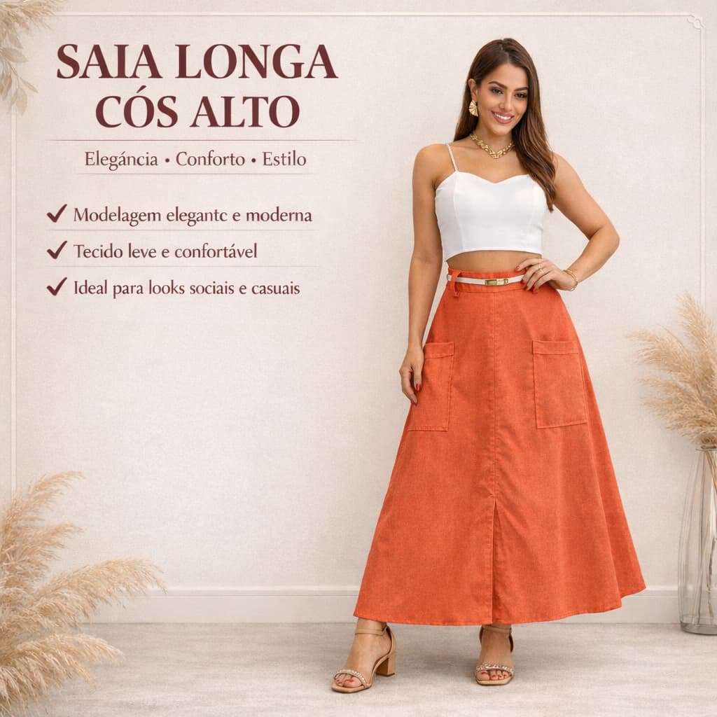 Saia Midi Evangélica Feminina Cos Alto Forrada Bolsos Laterais Tecido Linho