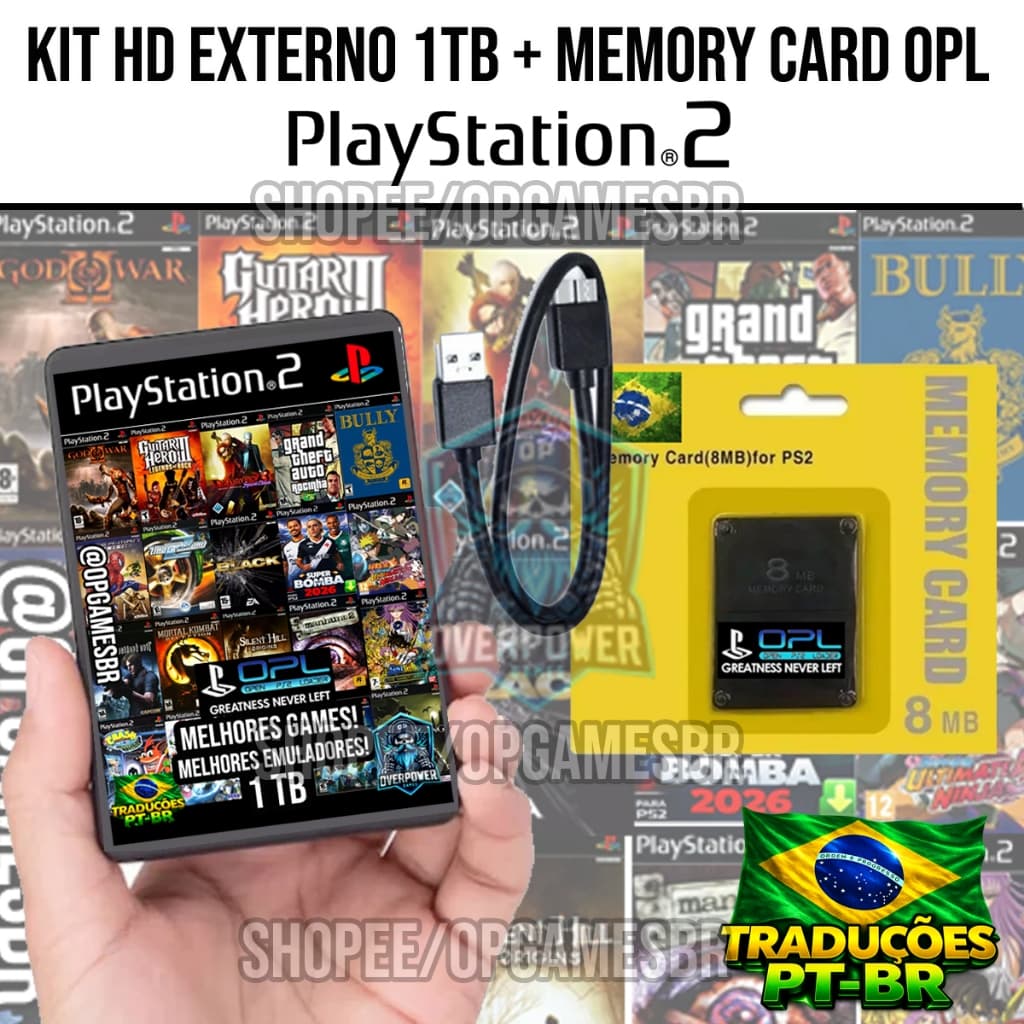 KIT PS2 HD 1TB + Memory Card PS2 0PL Coleção 400 JOGOS PTBR