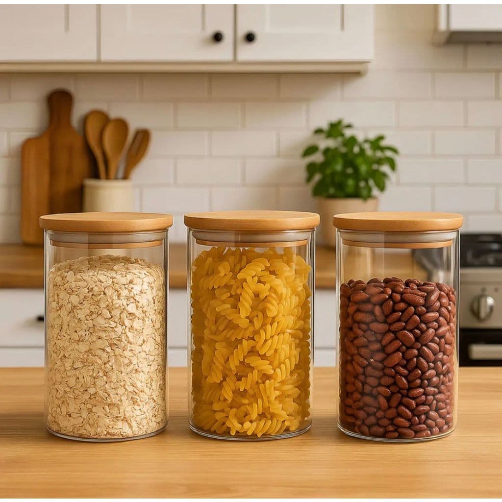 Conjunto 3 Potes de Vidro Hermético Redondos 1000ml com Tampa de Bambu
