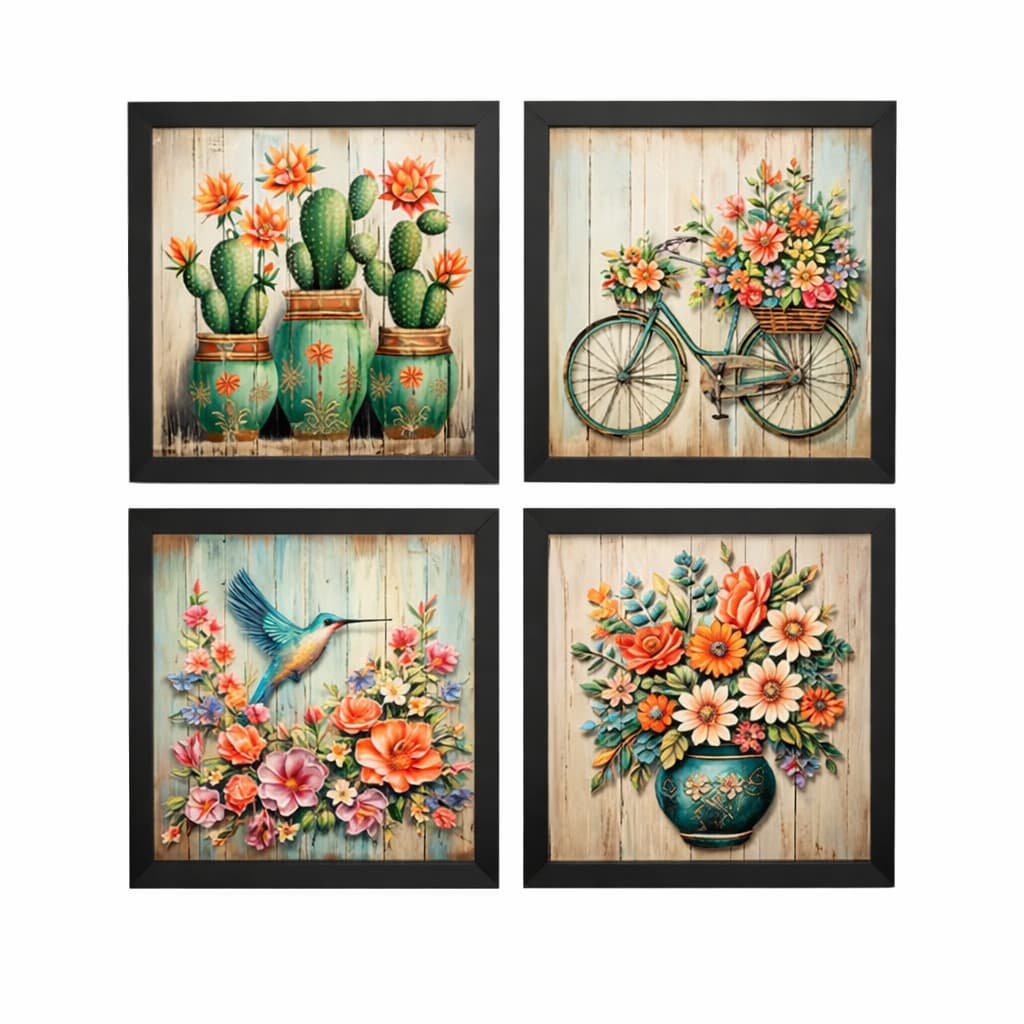 Kit Quadro Decorativo Flor Floral Cacto Bicicleta Beija Flor Rosa Arte Colorida Abstrata Luxo