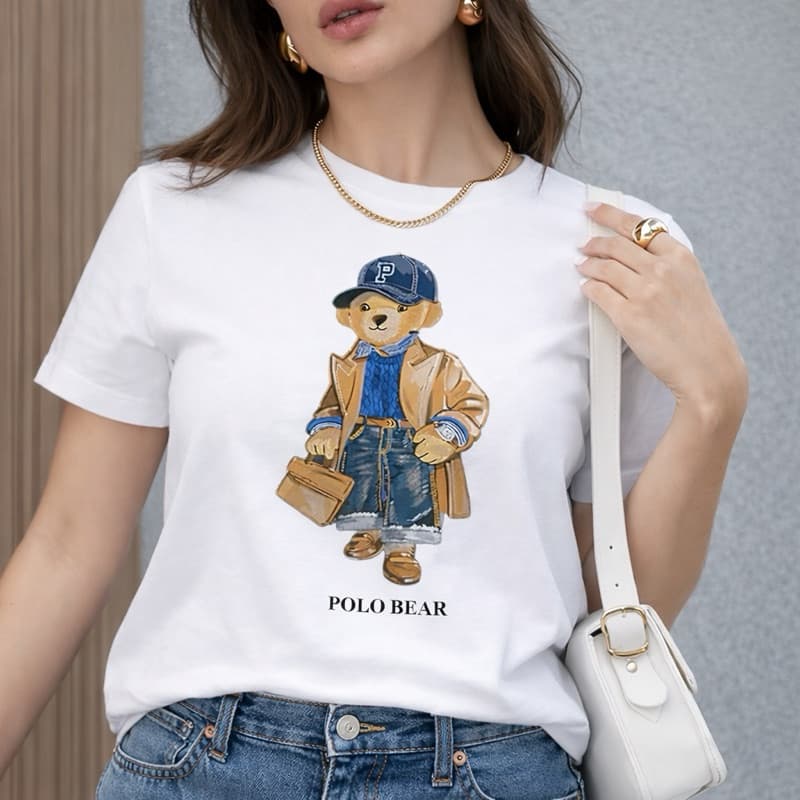 Camiseta Feminina Urso Polo Estampa Premium 100% Algodão Casual Confortável Tendência
