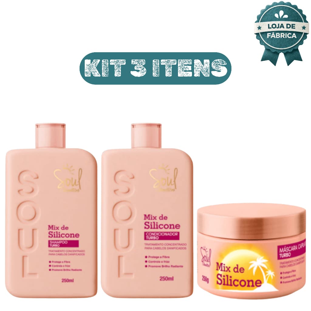 Kit Capilar Mix de Silicone Soul 3 Itens Shampoo Condicionador Máscara Turbo Brilho e Maciez