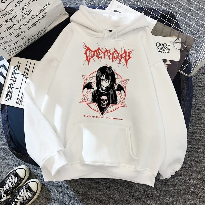 Moletom Canguru Capuz Demon Girl Estilo Gótico Japonês Blusa de Frio Tumblr Emo