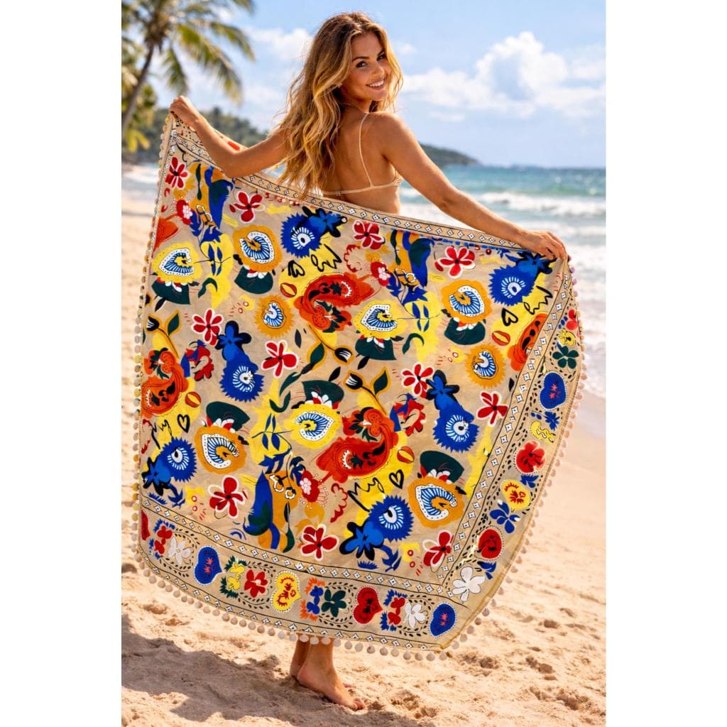 Canga de Praia saída de praia feminina grande inspiração farm pompom piscina parque
