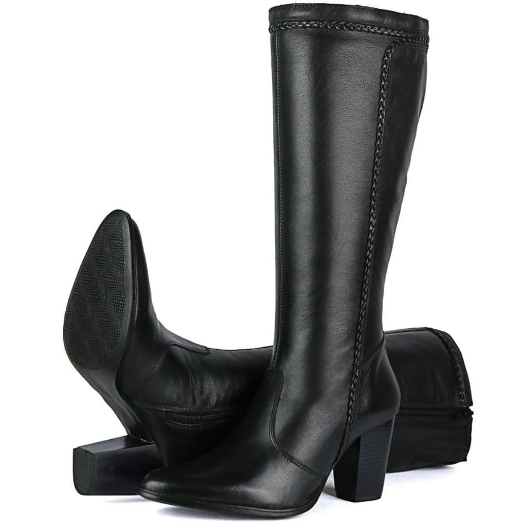 Bota Feminina Couro Salto Grosso Bico Fino Montaria Cano Alto
