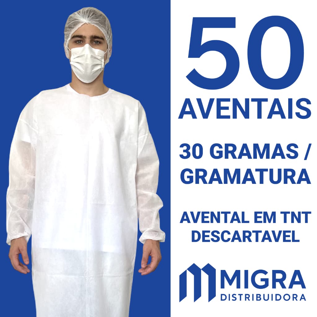 Avental Descartável 30g Kit 50 Un Manga Longa Jaleco Capote TNT Gramatura Não Estéril Migra