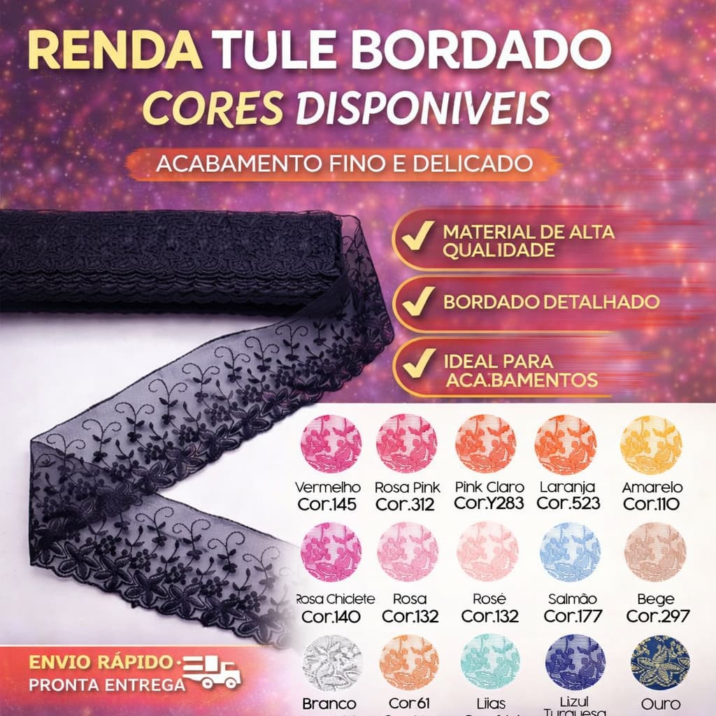RENDA BORDADO DE ORGANZA CRL-03 - TAM : 80 MM - ROLO C/ 13,7 METROS