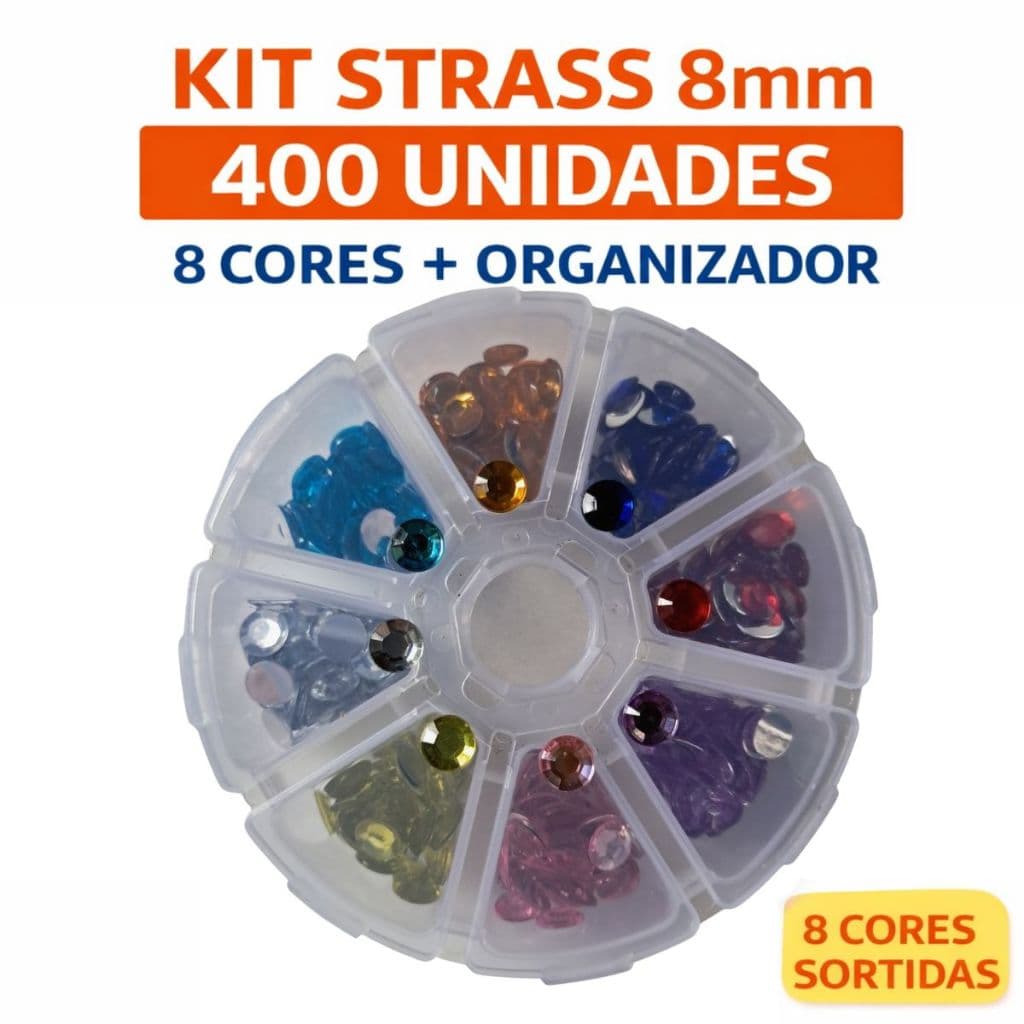 Strass Chaton 8mm Kit 400 Peças 8 Cores + Organizador Artesanato