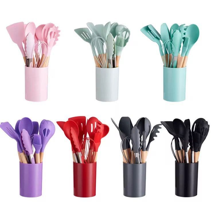 Conjunto 12 Utensílios de Cozinha Silicone Cabo de Madeira