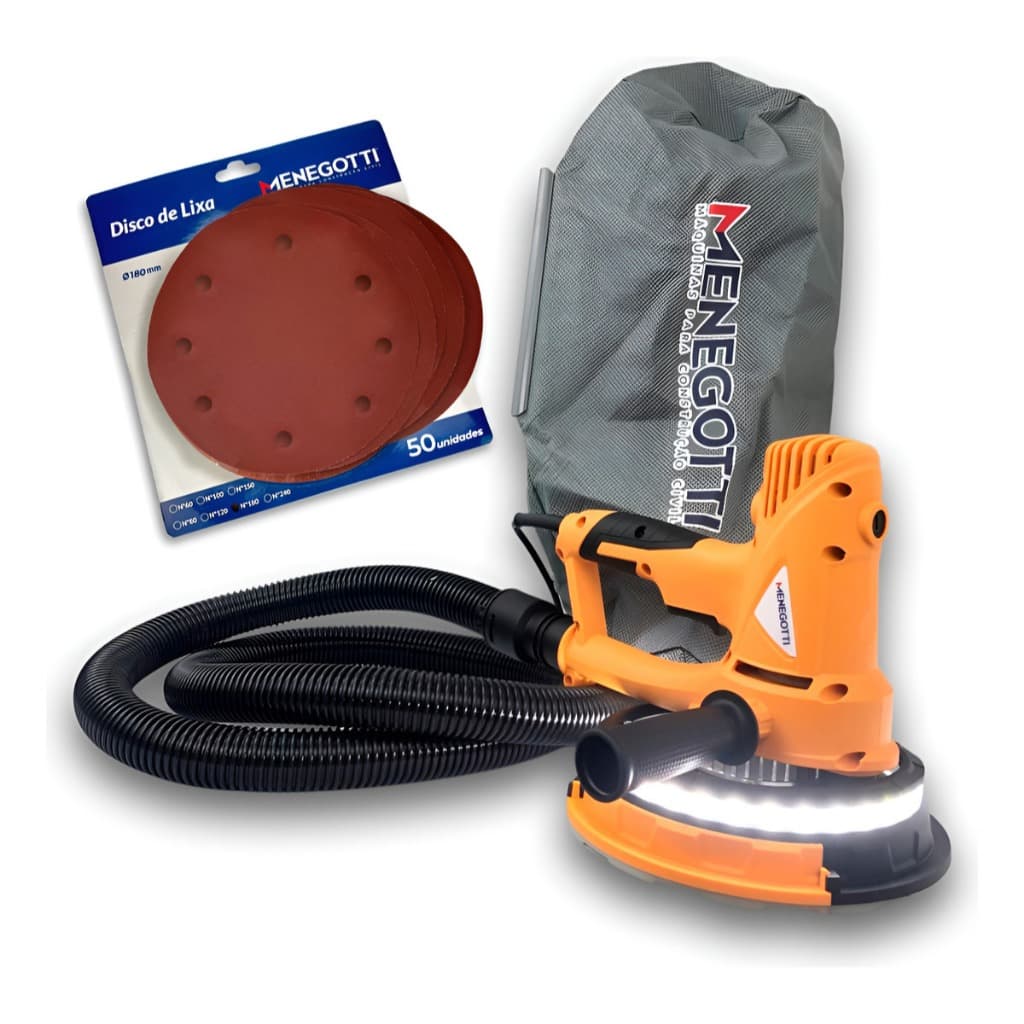 Kit Lixadeira de Parede + 30 Lixas Velcro 180mm Menegotti MLP710 LED 710W 127V ou 220V