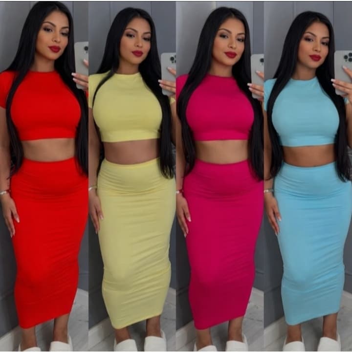 Conjunto Feminino Cropped + Saia Midi Justa Cintura Alta Moda Verão Elegante