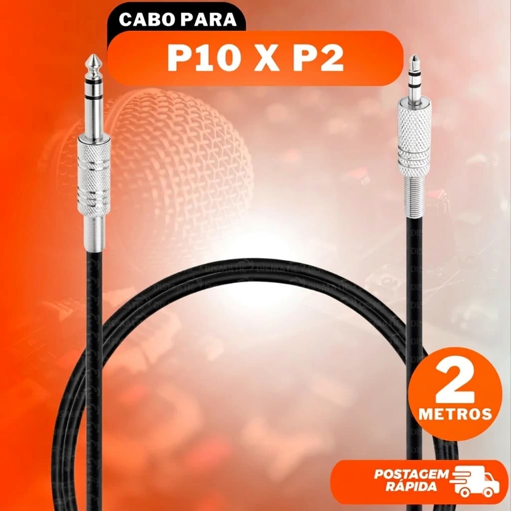 Cabo Para Áudio P2 x P10 2 Metros Profissional Mesa de Som Alta Qualidade Plug Metal 2m P2 x P10 Estéreo Celular Música