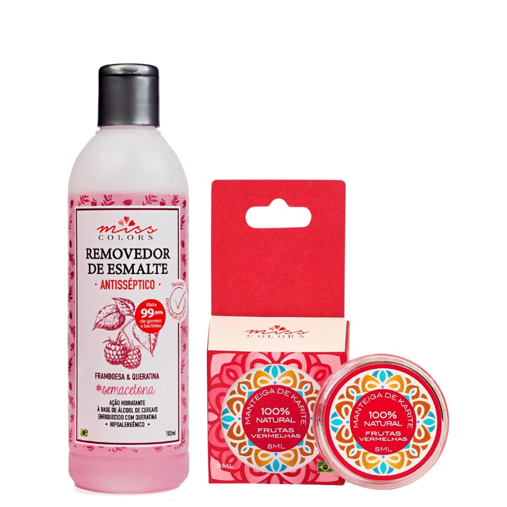 Kit Removedor de Esmalte Sem Acetona Framboesa + Manteiga de Karité para Cutículas Hidratação e Cuidado Unhas Miss Color