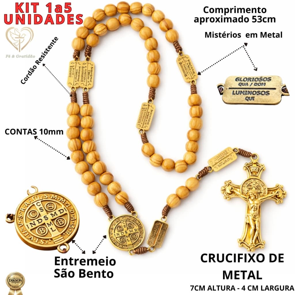 1 a 5 Terços Luxuoso Contemplação Dos Mistérios São Bento Madeira Cruz Metal Católico Proteção e Fé