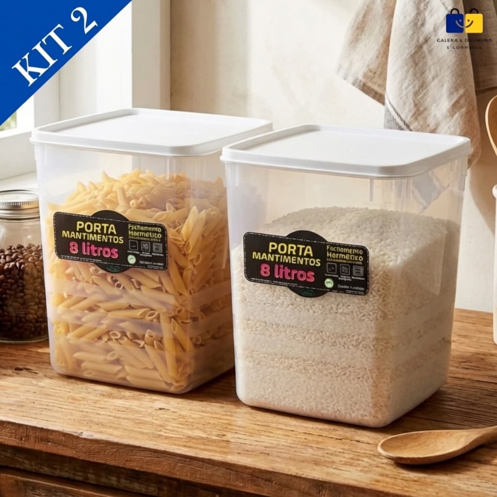 Kit 2 Potes Herméticos 5kg Arroz Capacidade 8,0L Tampa Branca Empilháveis Retangular Tampa Trava