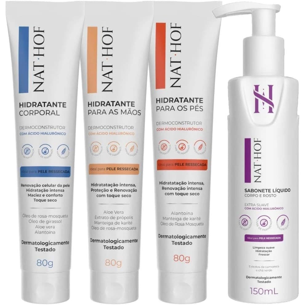 Kit Hidratação e Limpeza Suave NAT HOF 4 Peças | Pele Sensível e Ressecada | Corporal + Mãos + Pés