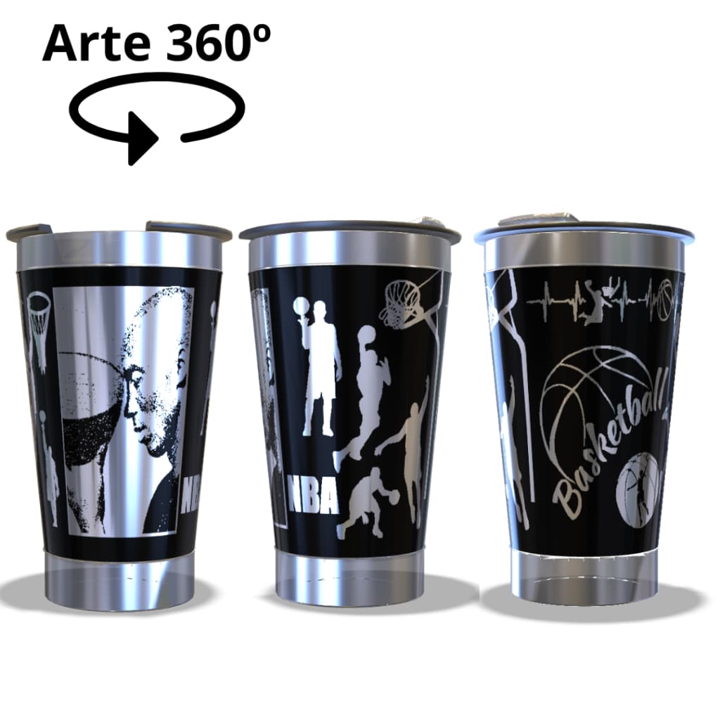 Copo Térmico 473ml com arte 360ºgraus gravado a laser tema Basquete Estilo NBA Basketball Jogador de Basquete long neck