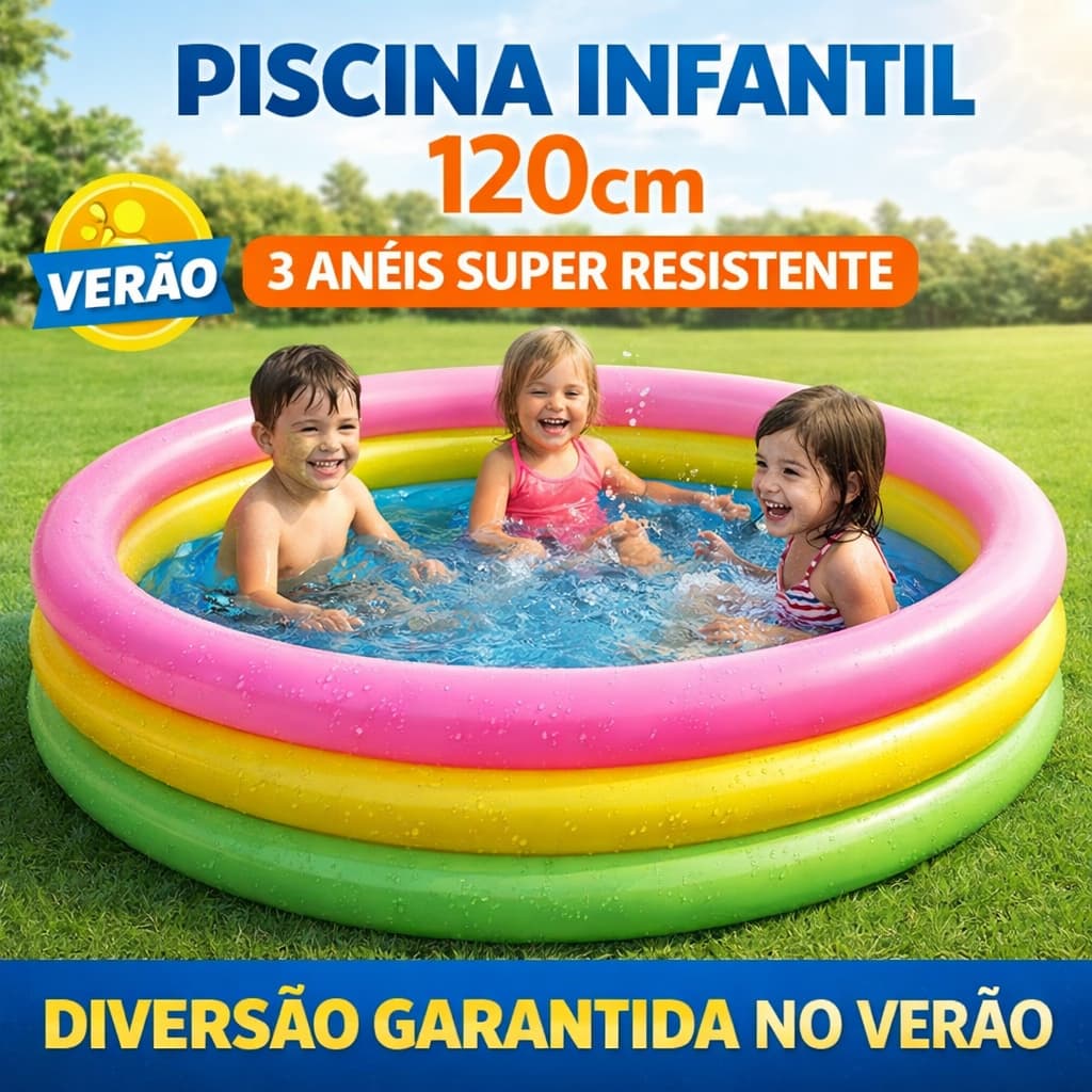 Piscina Inflável Infantil 120cm 450 Litros 3 Anéis Colorida Piscina Criança Verão