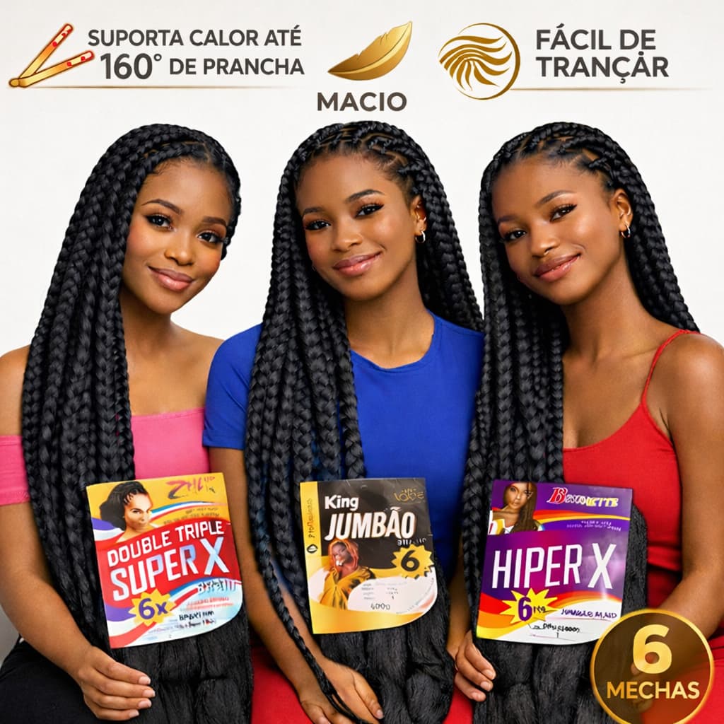 Jumbo Orgânico Para Tranças 6 Mechas Fibra Extra Macia Suporta Prancha 160° + ANÉIS