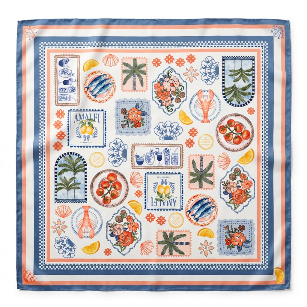 Lenço Feminino 90X90 Em Cetim Para Cabelo Bolsa Pescoço Echarpe Cachecol Moda Objeto Amalfi Memories